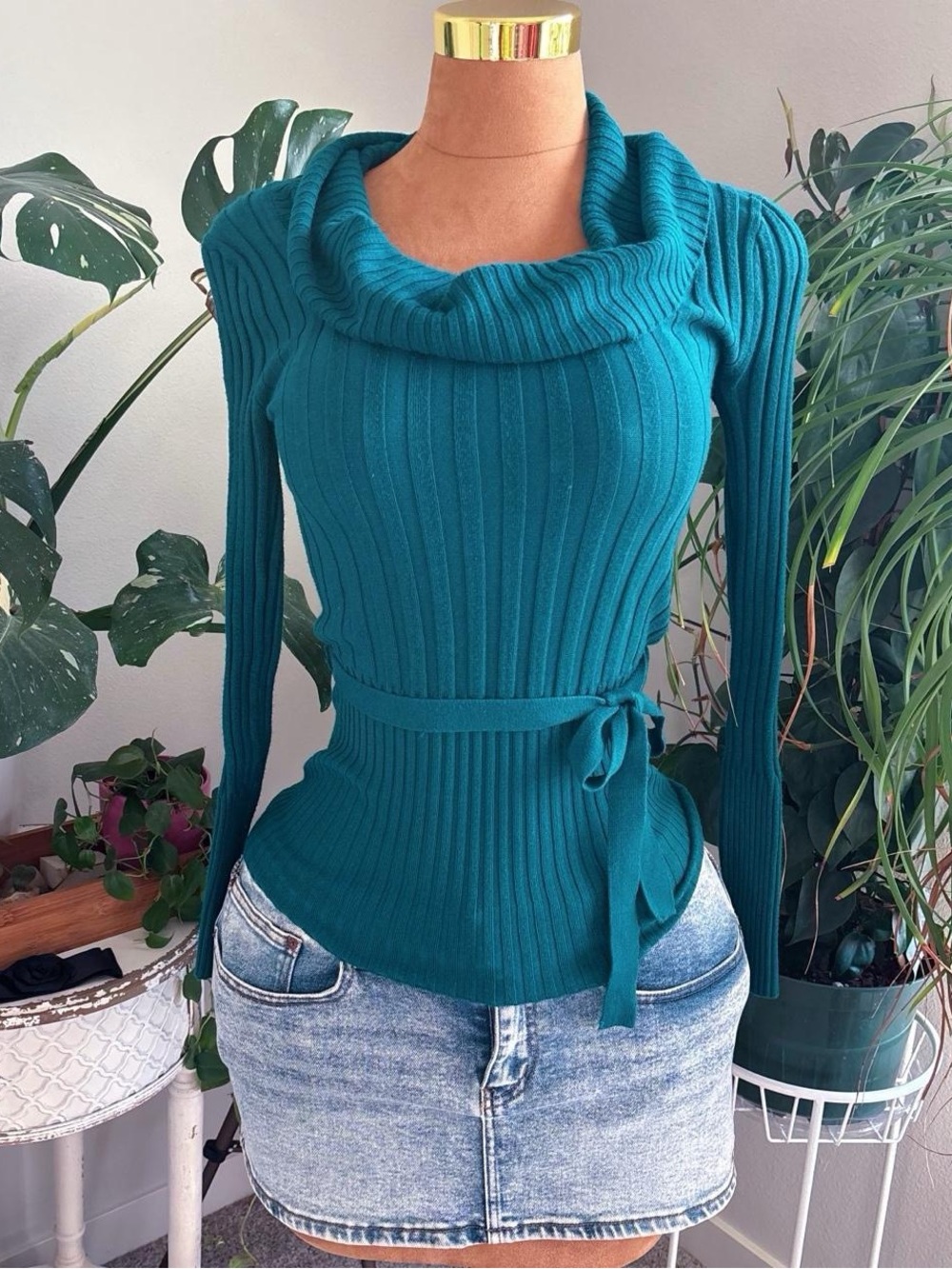 It’s Our Time Teal Ribbed Cowl Neck Tie Waist Sweater Top Small